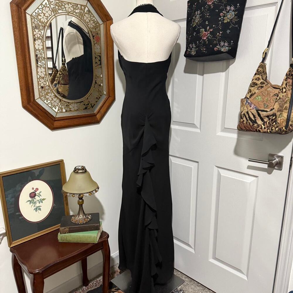 VTG Y2K Betsy & Adam Matte Black Mesh Gothic Ruffled Train Formal Maxi Dress - Picture 4 of 7